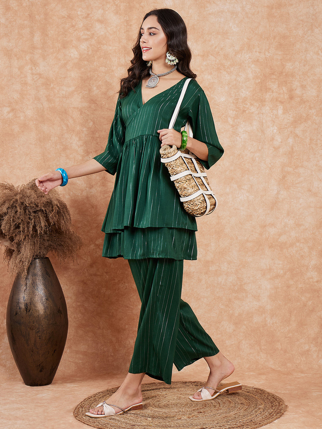 InWeave Women's Pine Green Lurex High Low Angrakha Tie Up Kurta Set | Grocsy