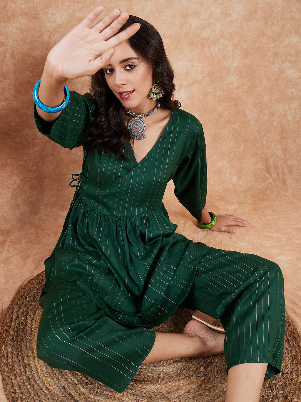 InWeave Women's Pine Green Lurex High Low Angrakha Tie Up Kurta Set | Grocsy