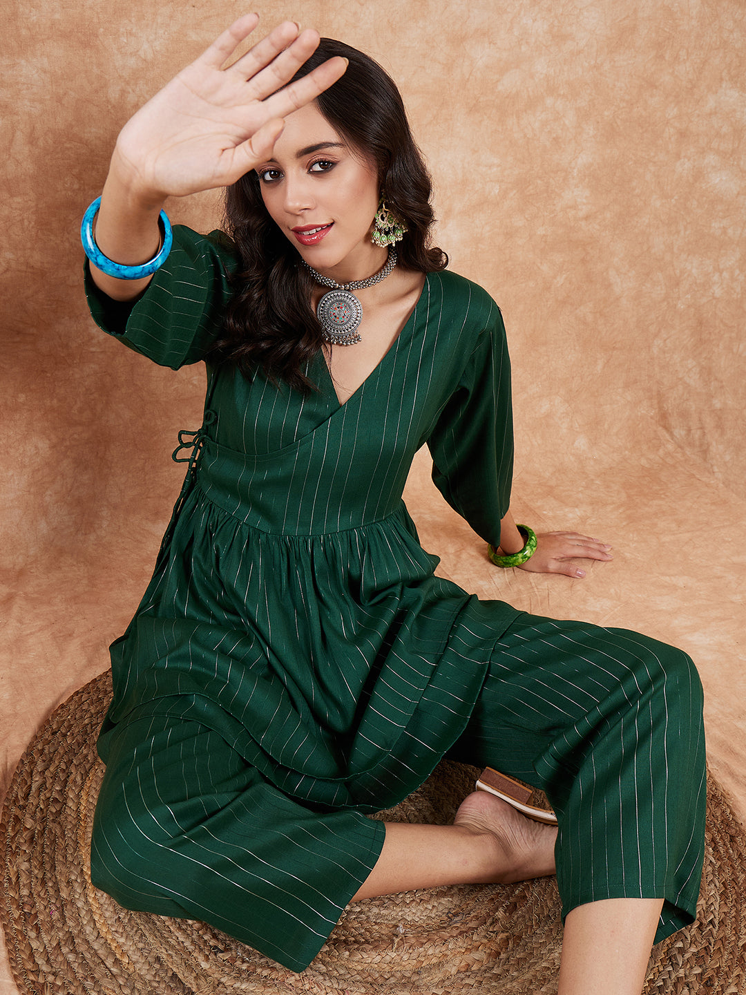 InWeave Women's Pine Green Lurex High Low Angrakha Tie Up Kurta Set | Grocsy