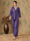 InWeave Women's Purple Lurex V Neck Front Tie Up Kurta Pant Set | Grocsy