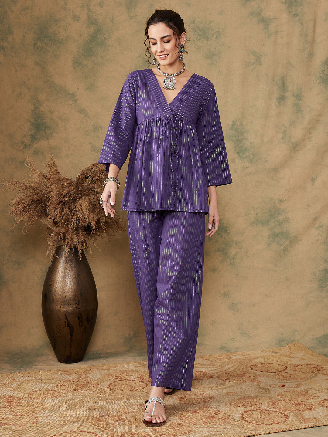 InWeave Women's Purple Lurex V Neck Front Tie Up Kurta Pant Set | Grocsy