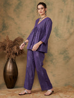 InWeave Women's Purple Lurex V Neck Front Tie Up Kurta Pant Set | Grocsy