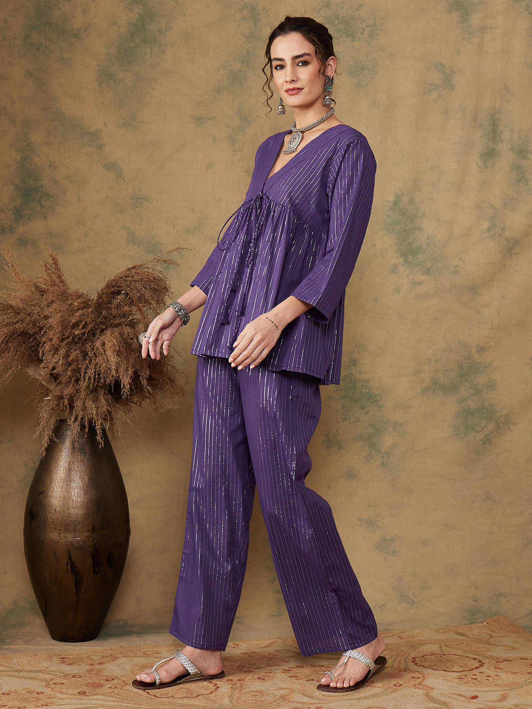 InWeave Women's Purple Lurex V Neck Front Tie Up Kurta Pant Set | Grocsy