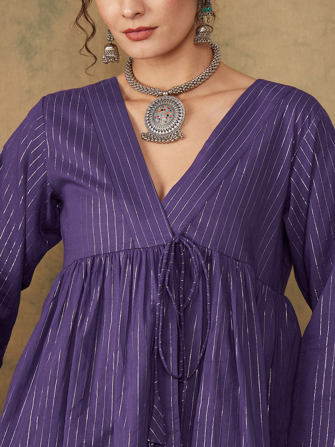 InWeave Women's Purple Lurex V Neck Front Tie Up Kurta Pant Set | Grocsy