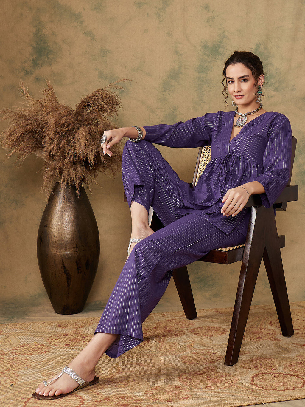 InWeave Women's Purple Lurex V Neck Front Tie Up Kurta Pant Set | Grocsy