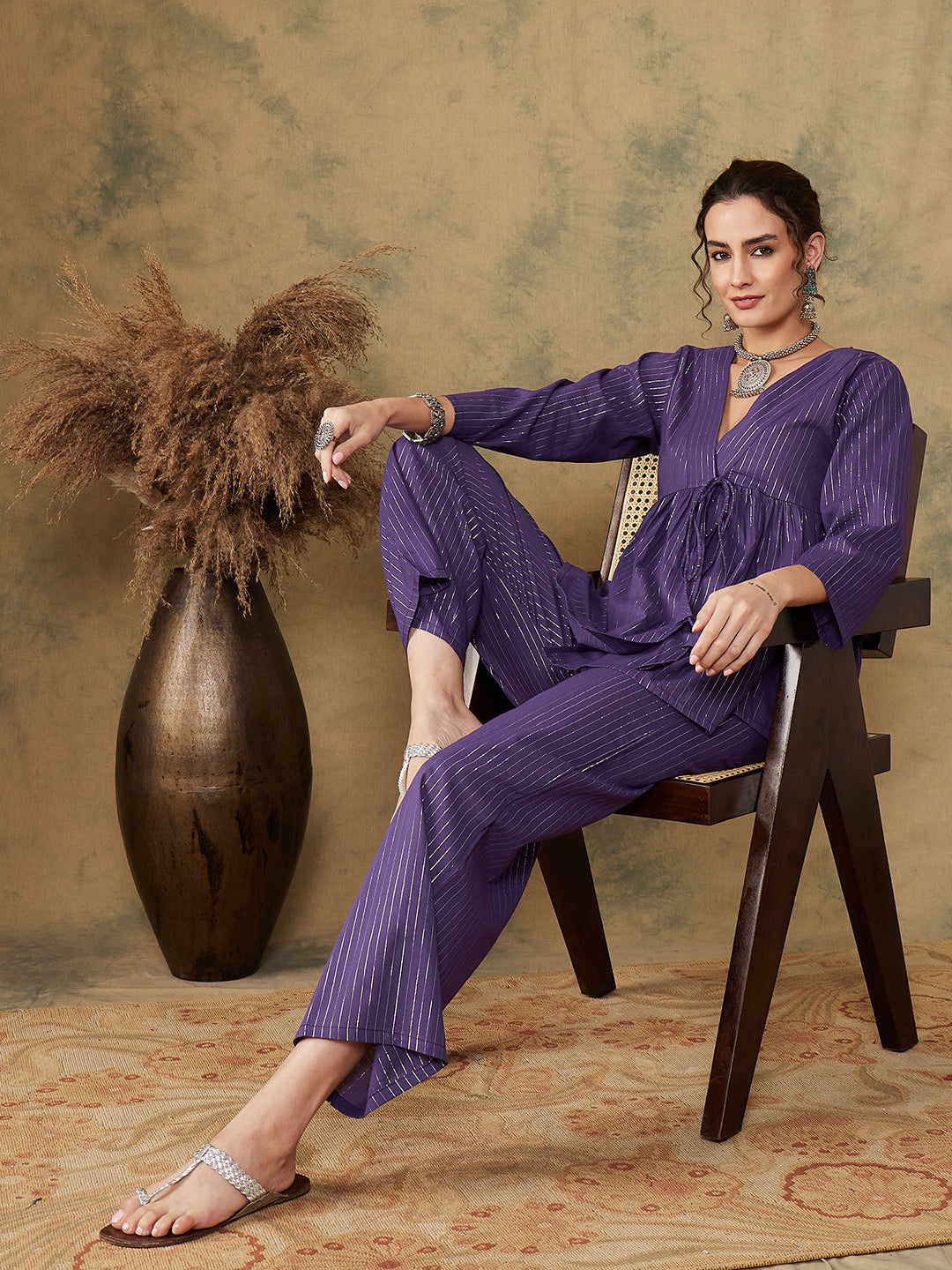 InWeave Women's Purple Lurex V Neck Front Tie Up Kurta Pant Set | Grocsy