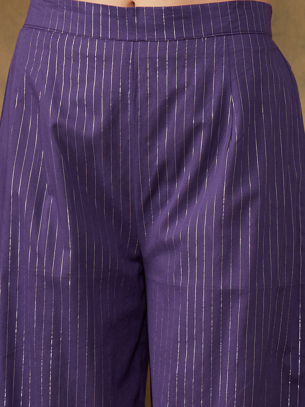 InWeave Women's Purple Lurex V Neck Front Tie Up Kurta Pant Set | Grocsy