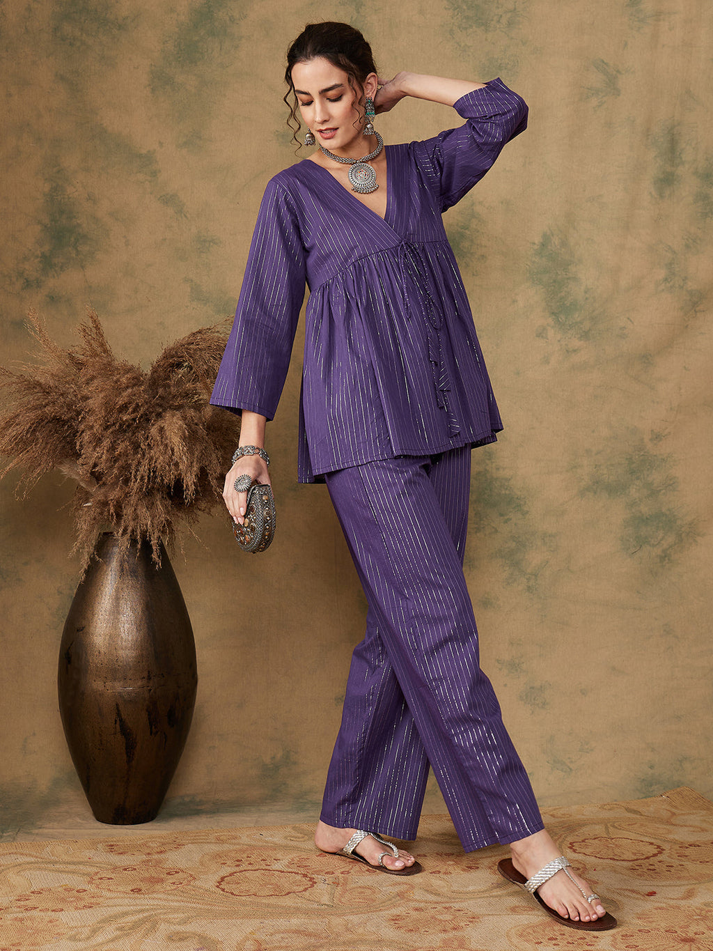 InWeave Women's Purple Lurex V Neck Front Tie Up Kurta Pant Set | Grocsy