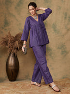 InWeave Women's Purple Lurex V Neck Front Tie Up Kurta Pant Set | Grocsy