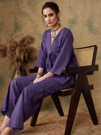 InWeave Women's Purple Lurex V Neck Front Tie Up Kurta Pant Set | Grocsy