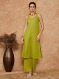 InWeave Women's Lime Green Lurex Neck Patti Halter Kurta Pant Set | Grocsy