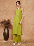 InWeave Women's Lime Green Lurex Neck Patti Halter Kurta Pant Set | Grocsy