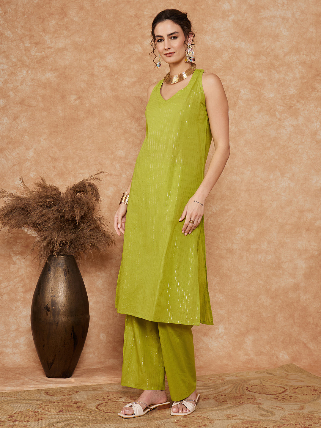 InWeave Women's Lime Green Lurex Neck Patti Halter Kurta Pant Set | Grocsy