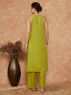 InWeave Women's Lime Green Lurex Neck Patti Halter Kurta Pant Set | Grocsy