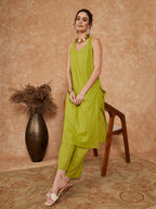 InWeave Women's Lime Green Lurex Neck Patti Halter Kurta Pant Set | Grocsy