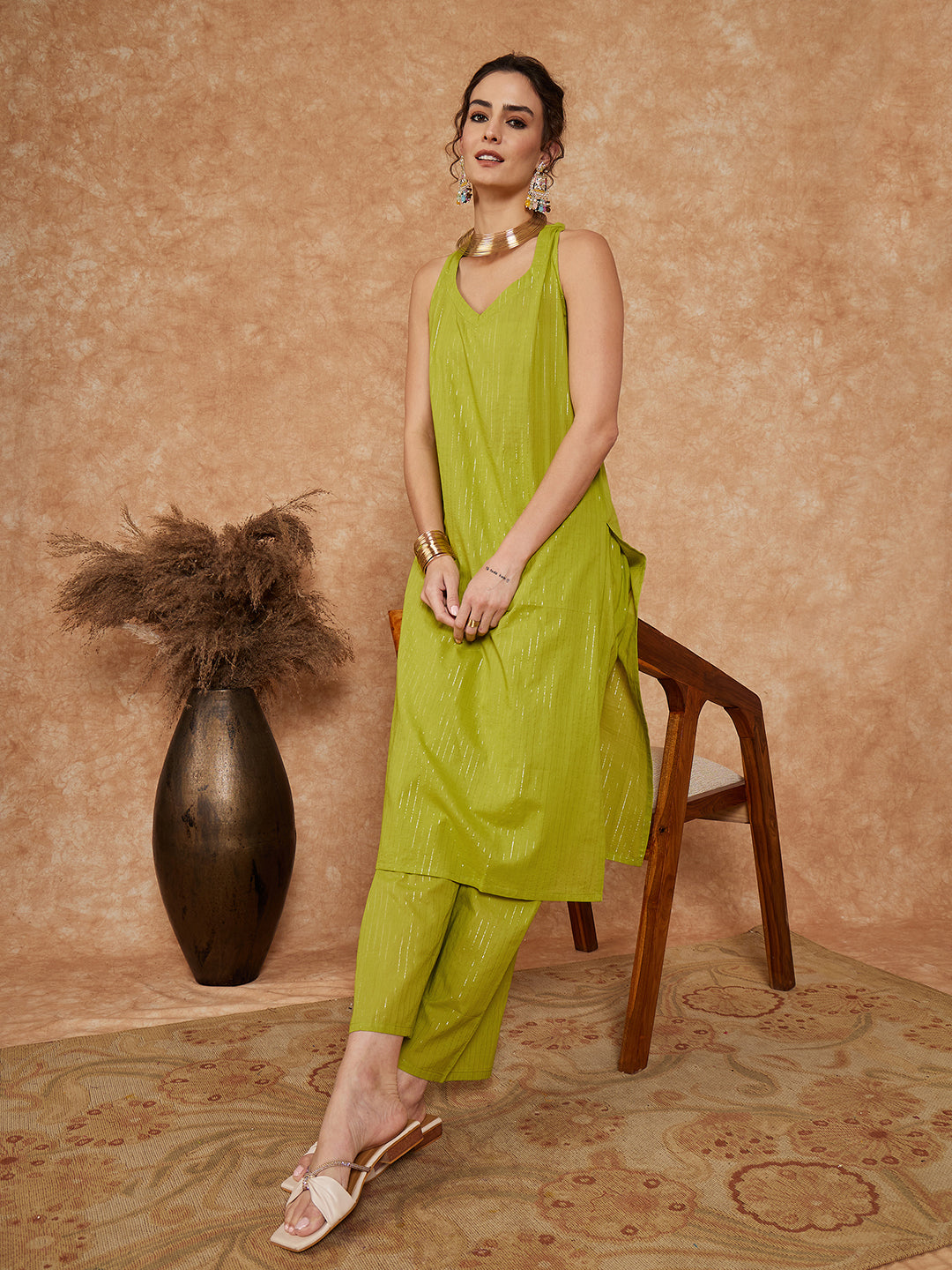 InWeave Women's Lime Green Lurex Neck Patti Halter Kurta Pant Set | Grocsy