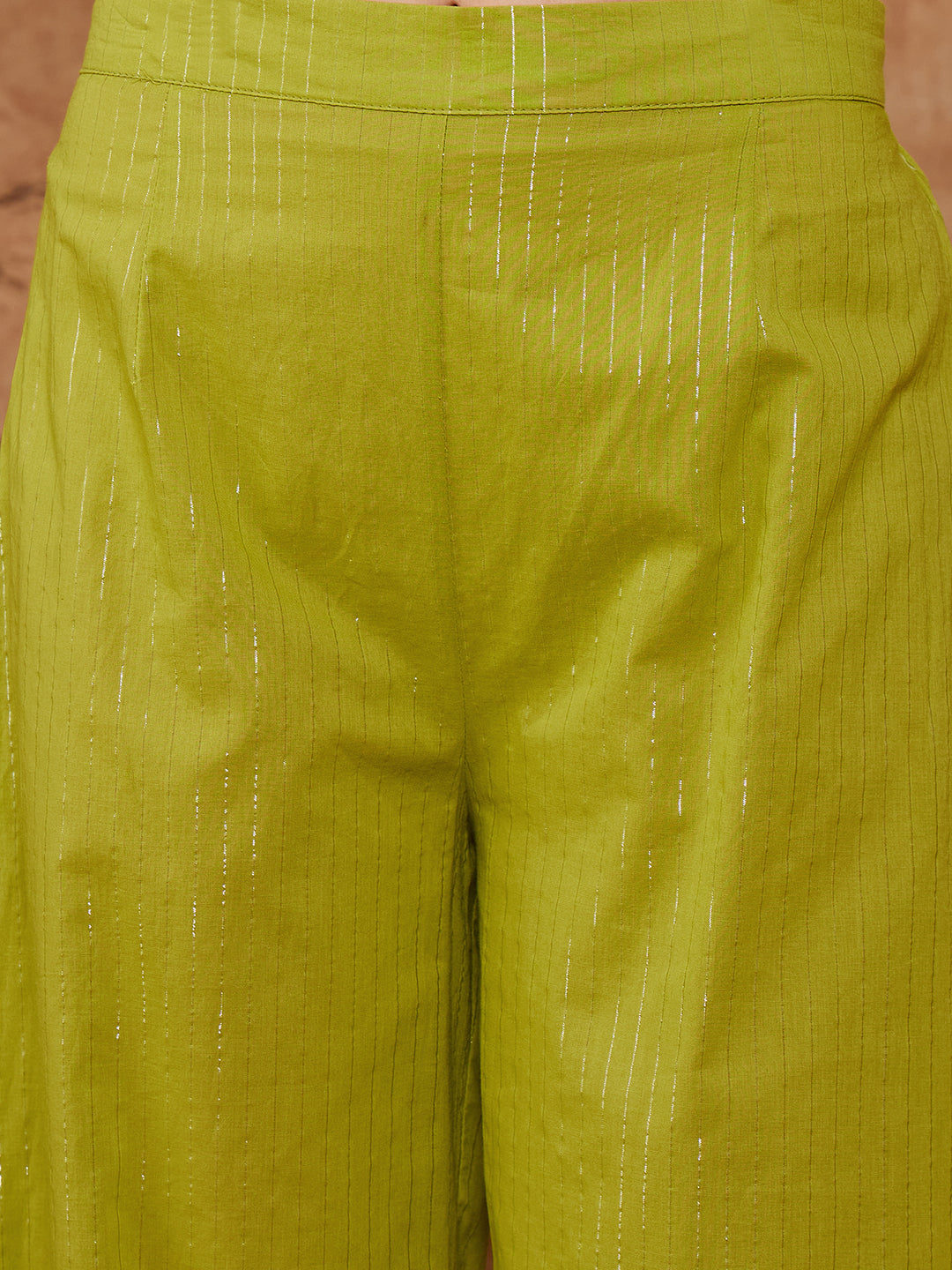 InWeave Women's Lime Green Lurex Neck Patti Halter Kurta Pant Set | Grocsy