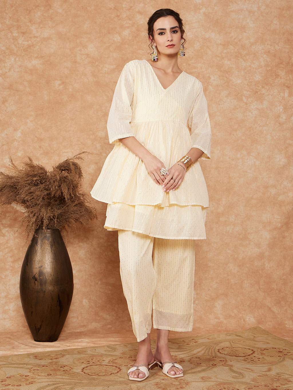 InWeave Women's White Gold Lurex High Low Angrakha Tie Up Kurta Set | Grocsy