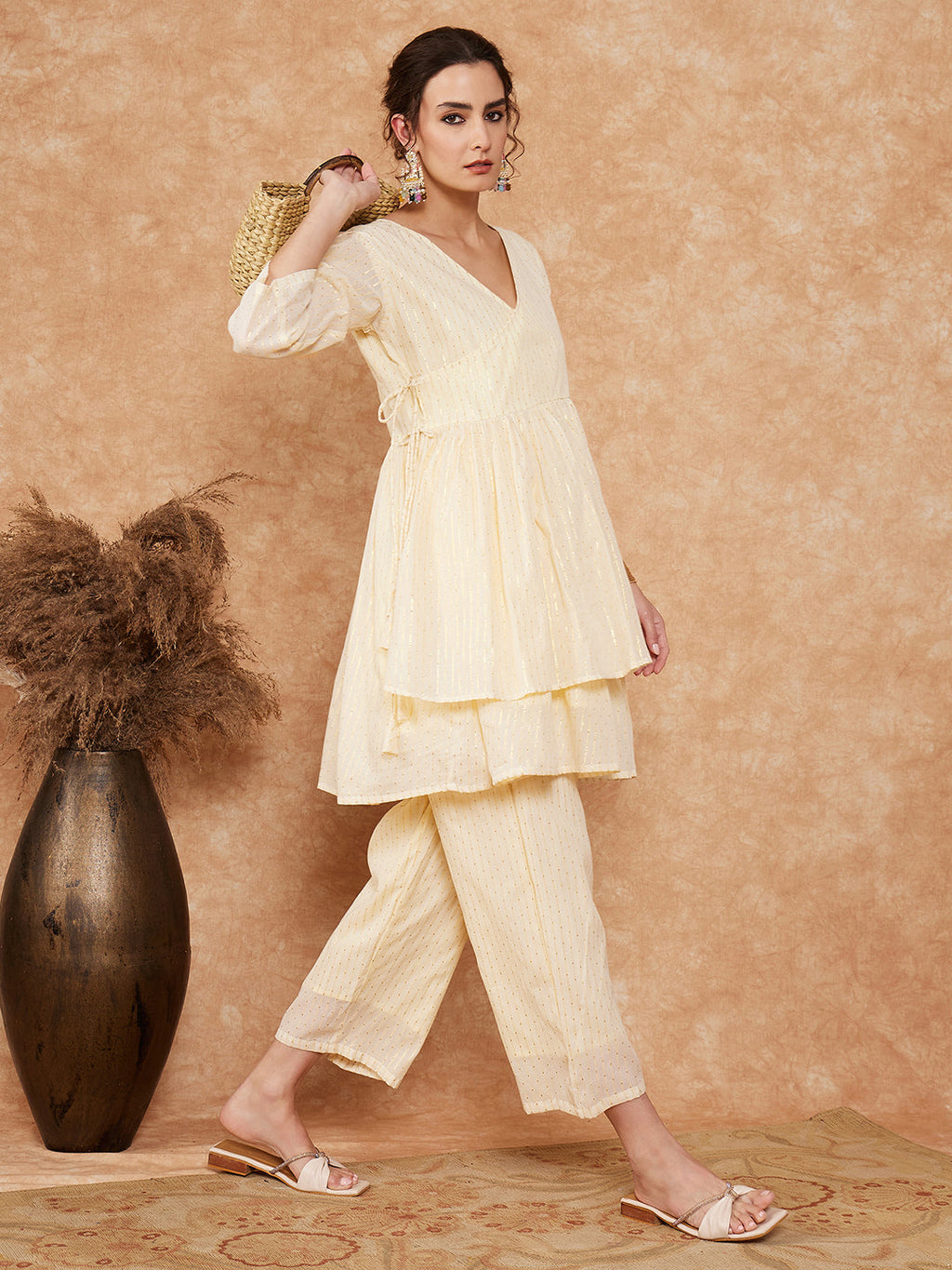 InWeave Women's White Gold Lurex High Low Angrakha Tie Up Kurta Set | Grocsy