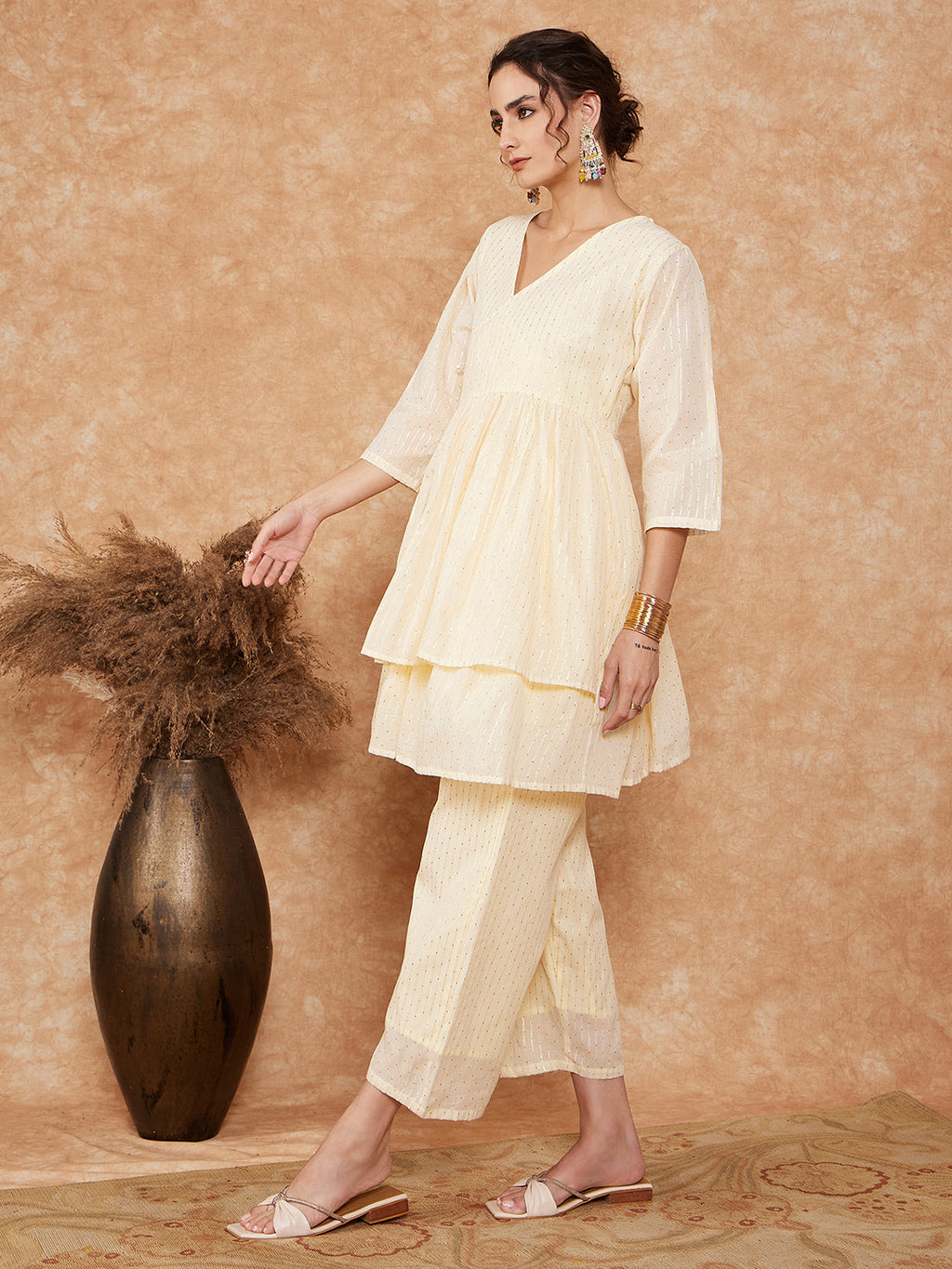 InWeave Women's White Gold Lurex High Low Angrakha Tie Up Kurta Set | Grocsy