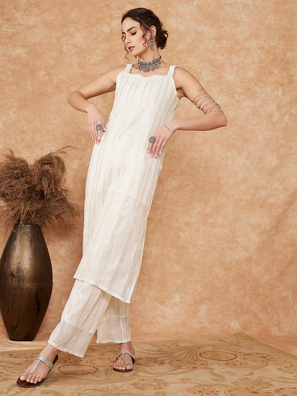 InWeave Women's White Lace Lurex Thick Strapp Straight Kurta Pant Set | Grocsy