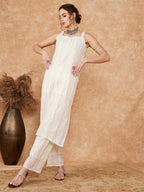 InWeave Women's White Lace Lurex Thick Strapp Straight Kurta Pant Set | Grocsy