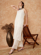 InWeave Women's White Lace Lurex Thick Strapp Straight Kurta Pant Set | Grocsy
