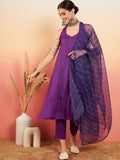 InWeave Women's Violet Neck Patti Halter Kurta Set W Violet Badhani Dupatta | Grocsy