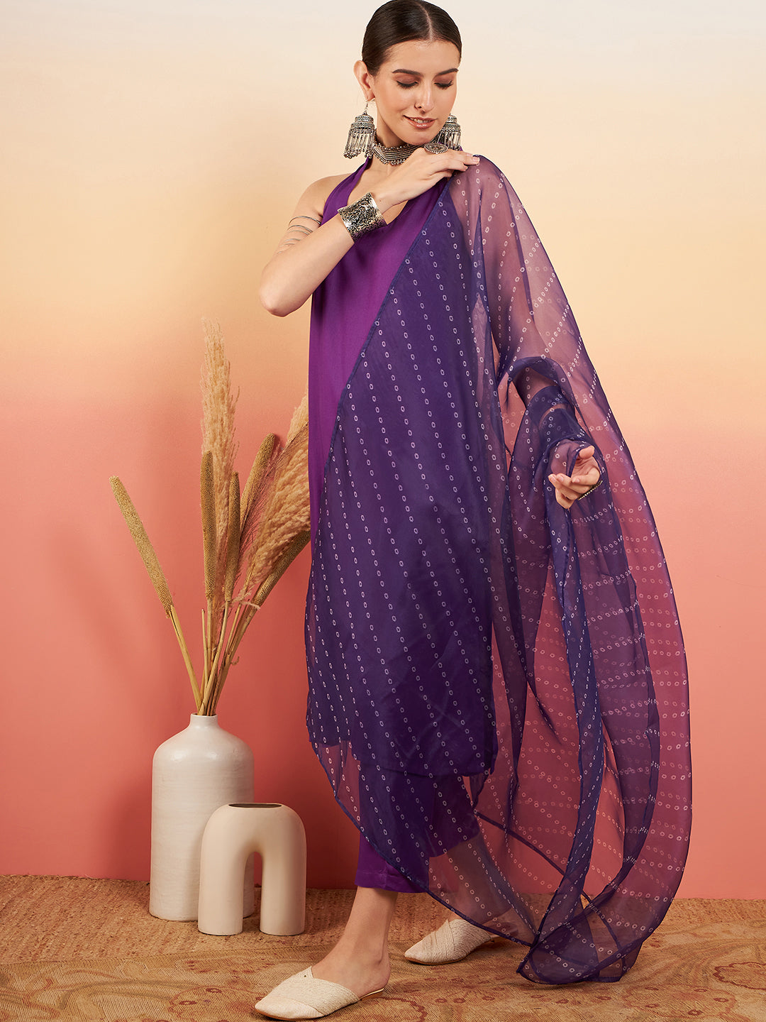 InWeave Women's Violet Neck Patti Halter Kurta Set W Violet Badhani Dupatta | Grocsy