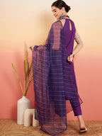 InWeave Women's Violet Neck Patti Halter Kurta Set W Violet Badhani Dupatta | Grocsy