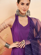 InWeave Women's Violet Neck Patti Halter Kurta Set W Violet Badhani Dupatta | Grocsy