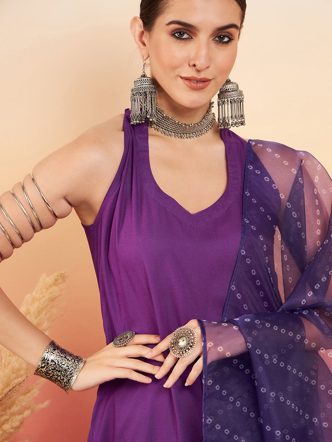 InWeave Women's Violet Neck Patti Halter Kurta Set W Violet Badhani Dupatta | Grocsy