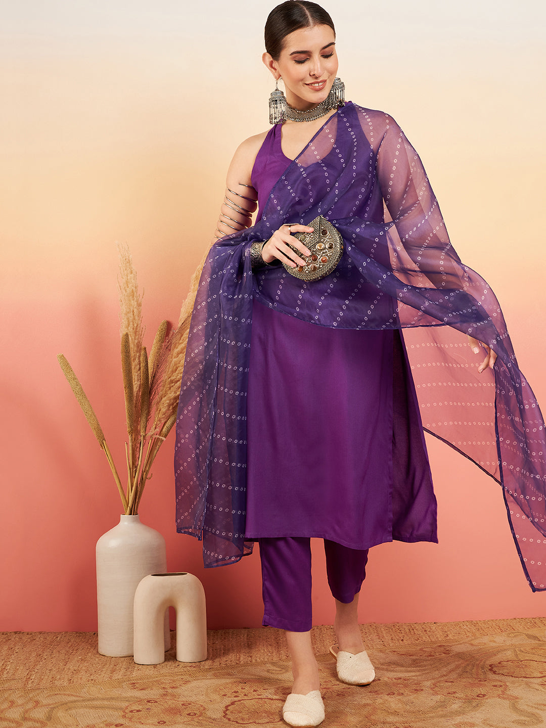 InWeave Women's Violet Neck Patti Halter Kurta Set W Violet Badhani Dupatta | Grocsy