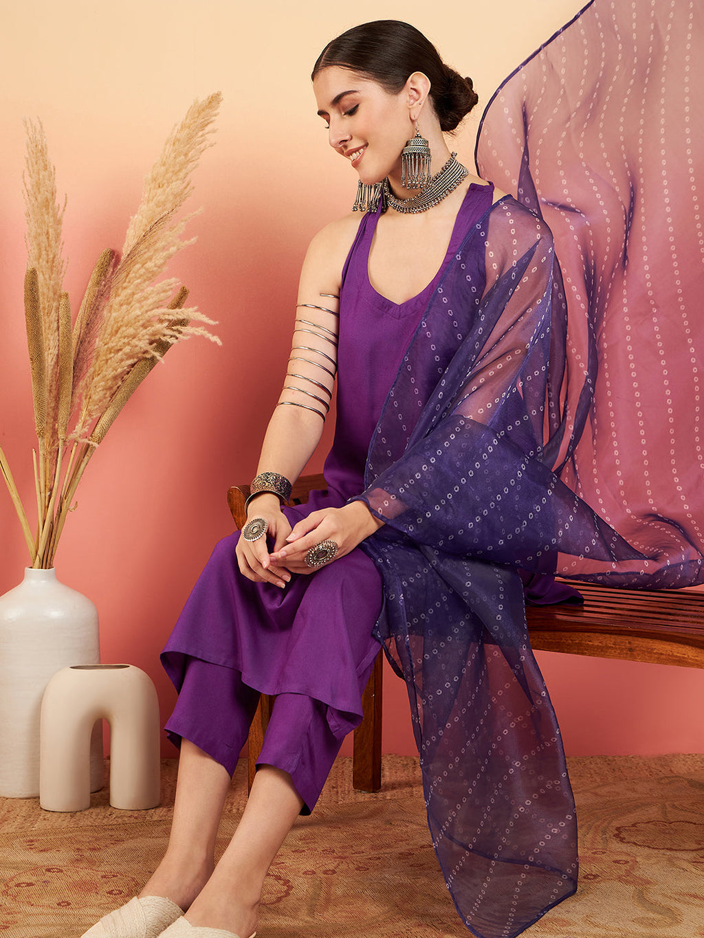 InWeave Women's Violet Neck Patti Halter Kurta Set W Violet Badhani Dupatta | Grocsy