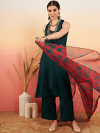 InWeave Women's Dark Green Neck Patti Halter Kurta Set Red Green Or Dupatta | Grocsy