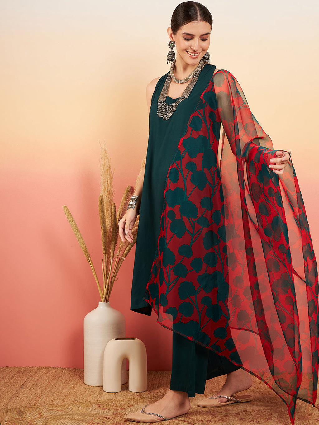 InWeave Women's Dark Green Neck Patti Halter Kurta Set Red Green Or Dupatta | Grocsy