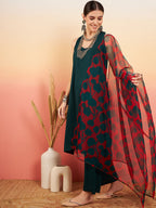 InWeave Women's Dark Green Neck Patti Halter Kurta Set Red Green Or Dupatta | Grocsy