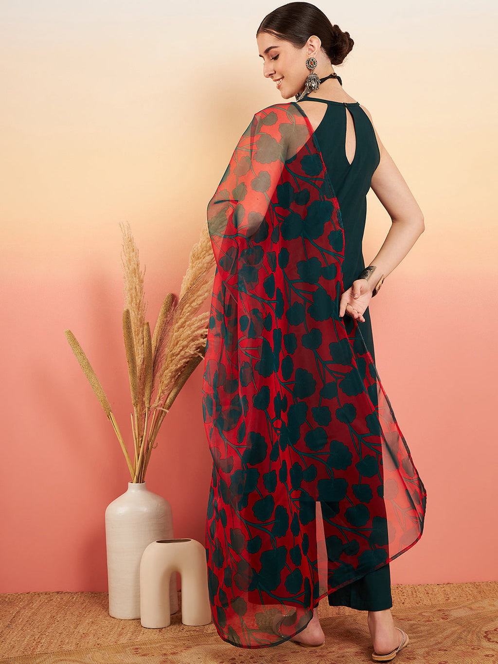 InWeave Women's Dark Green Neck Patti Halter Kurta Set Red Green Or Dupatta | Grocsy