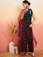 InWeave Women's Dark Green Neck Patti Halter Kurta Set Red Green Or Dupatta | Grocsy