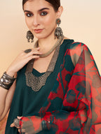InWeave Women's Dark Green Neck Patti Halter Kurta Set Red Green Or Dupatta | Grocsy
