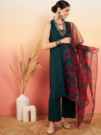 InWeave Women's Dark Green Neck Patti Halter Kurta Set Red Green Or Dupatta | Grocsy