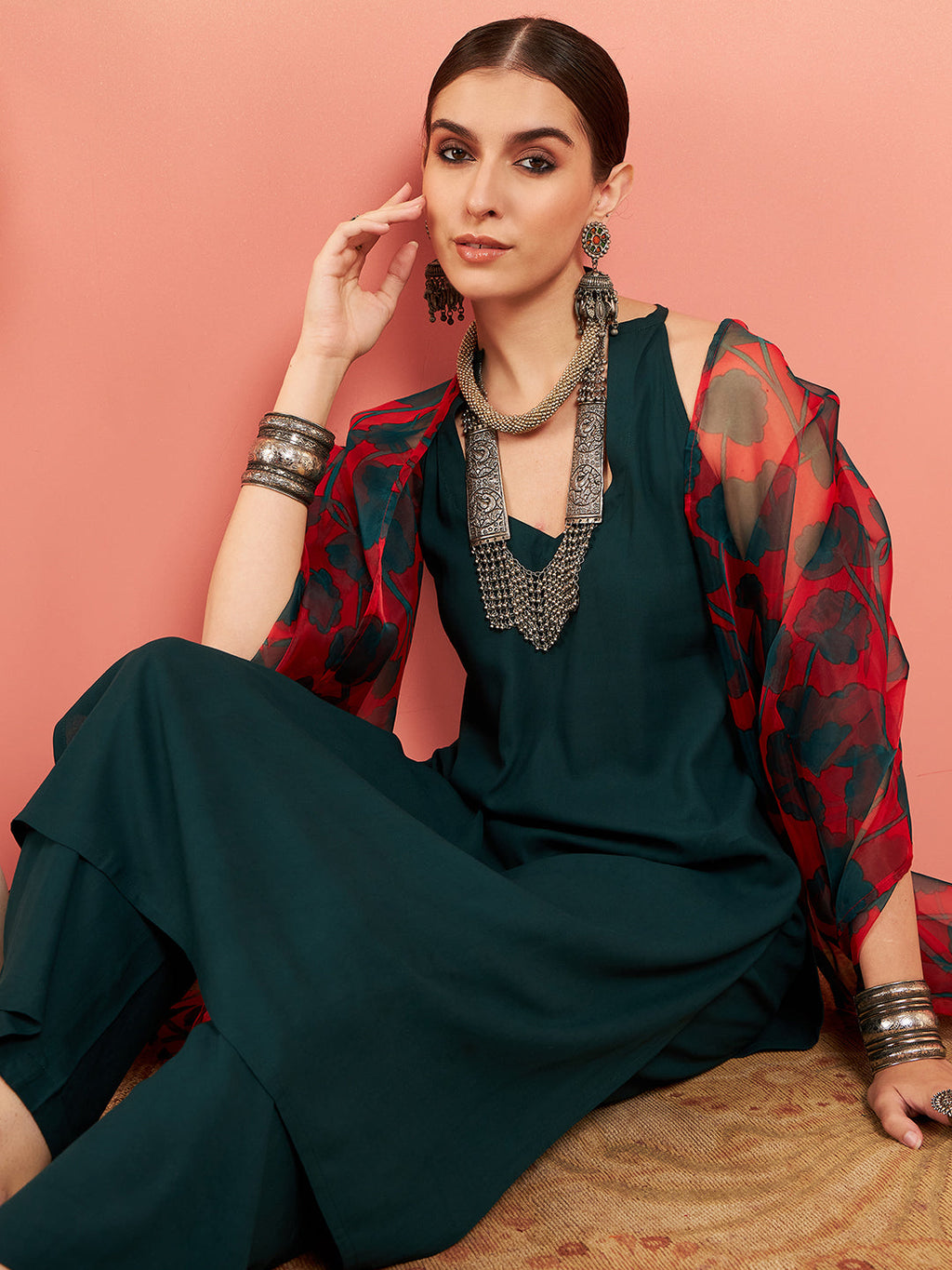 InWeave Women's Dark Green Neck Patti Halter Kurta Set Red Green Or Dupatta | Grocsy