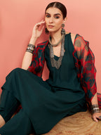 InWeave Women's Dark Green Neck Patti Halter Kurta Set Red Green Or Dupatta | Grocsy