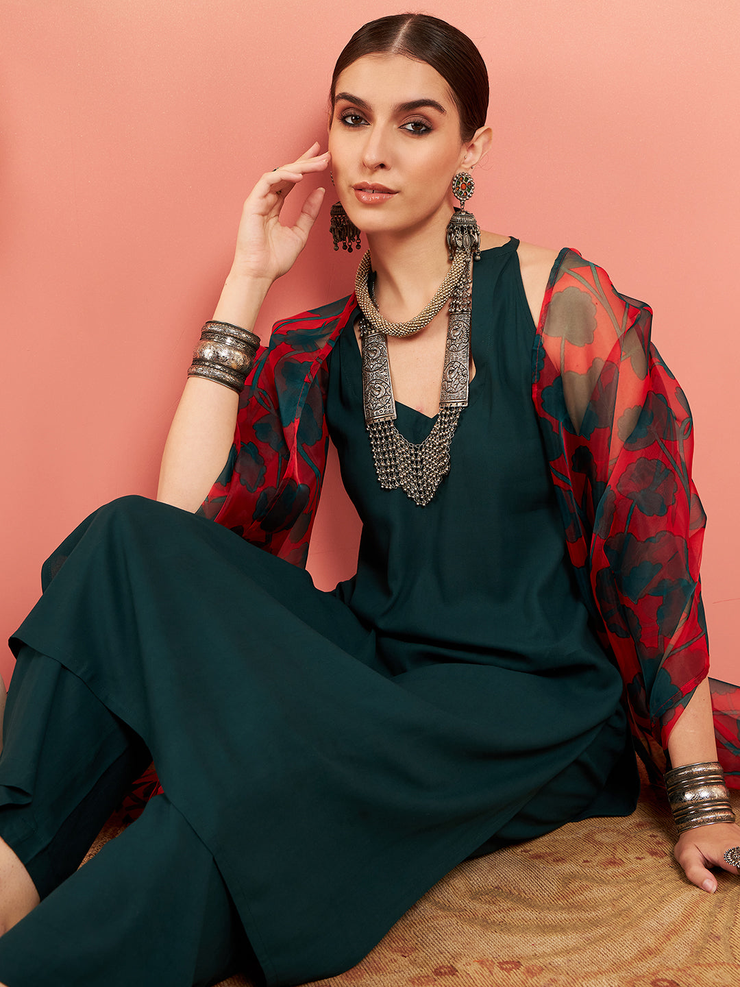 InWeave Women's Dark Green Neck Patti Halter Kurta Set Red Green Or Dupatta | Grocsy
