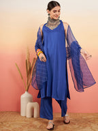 InWeave Women's Ink Blue Neck Patti Halter Kurta Set Blue Badhani Or Dupatta | Grocsy
