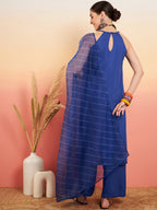 InWeave Women's Ink Blue Neck Patti Halter Kurta Set Blue Badhani Or Dupatta | Grocsy