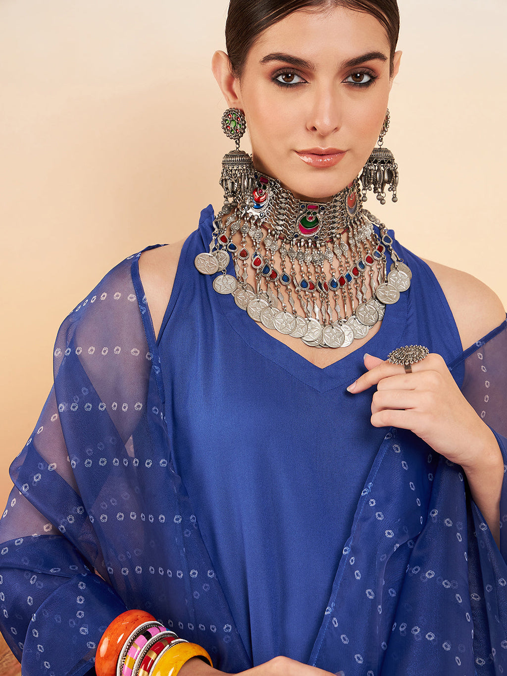 InWeave Women's Ink Blue Neck Patti Halter Kurta Set Blue Badhani Or Dupatta | Grocsy