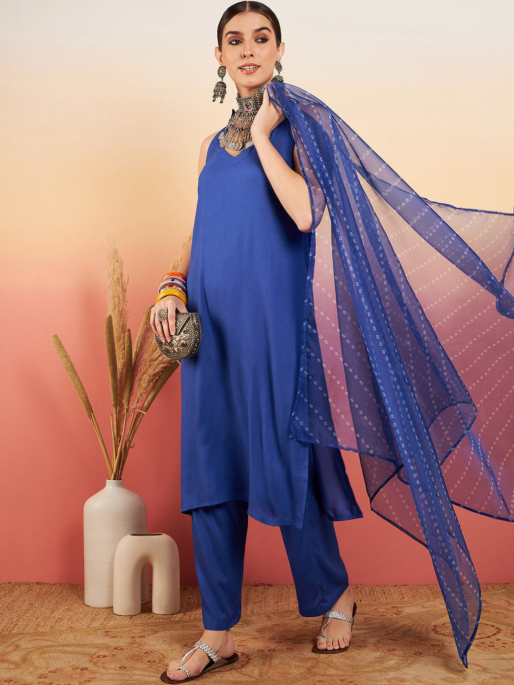InWeave Women's Ink Blue Neck Patti Halter Kurta Set Blue Badhani Or Dupatta | Grocsy