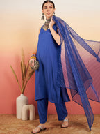 InWeave Women's Ink Blue Neck Patti Halter Kurta Set Blue Badhani Or Dupatta | Grocsy