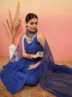 InWeave Women's Ink Blue Neck Patti Halter Kurta Set Blue Badhani Or Dupatta | Grocsy